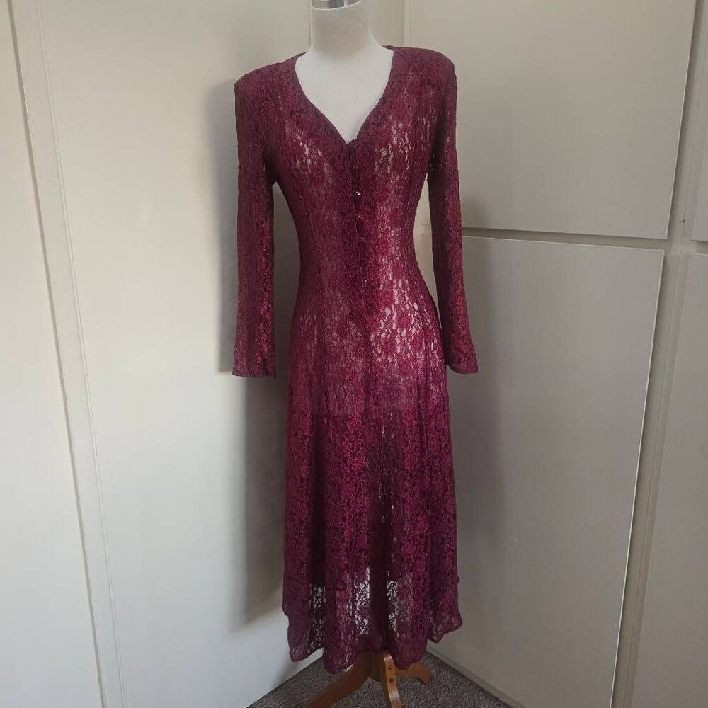 Vtg 80s All That Jazz Cranberry Lace Overlay Dress, Shoulder Pads, NWOT,M